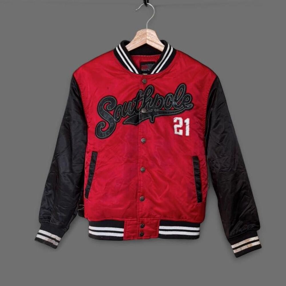 Y2K Southpole red and black varsity bomber jacket striped collar and hem
